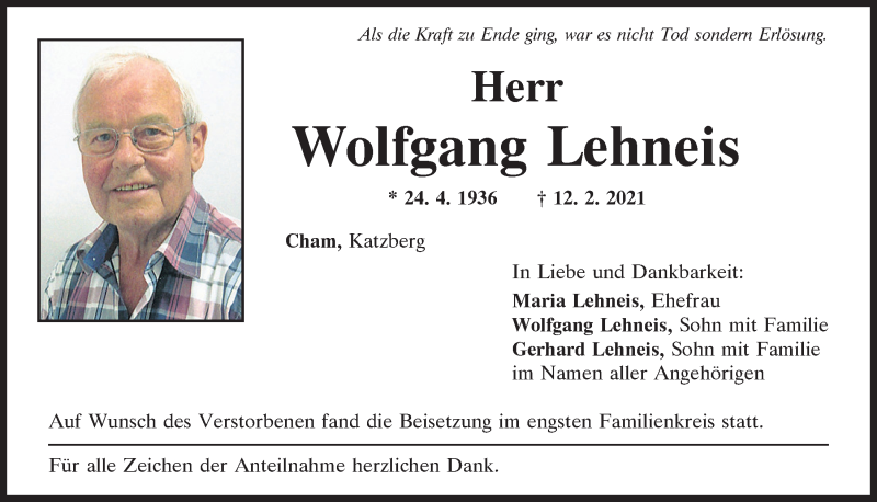  Traueranzeige für Wolfgang Lehneis vom 20.02.2021 aus Bayerwald Echo