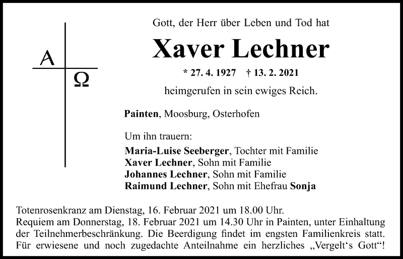  Traueranzeige für Xaver Lechner vom 16.02.2021 aus Mittelbayerische Zeitung Kelheim