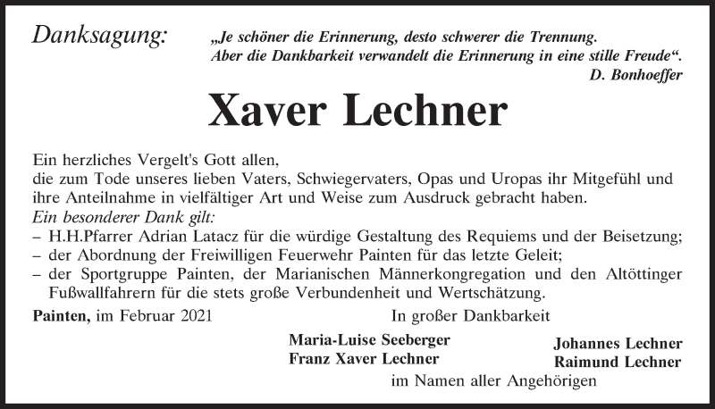  Traueranzeige für Xaver Lechner vom 27.02.2021 aus Mittelbayerische Zeitung Regensburg