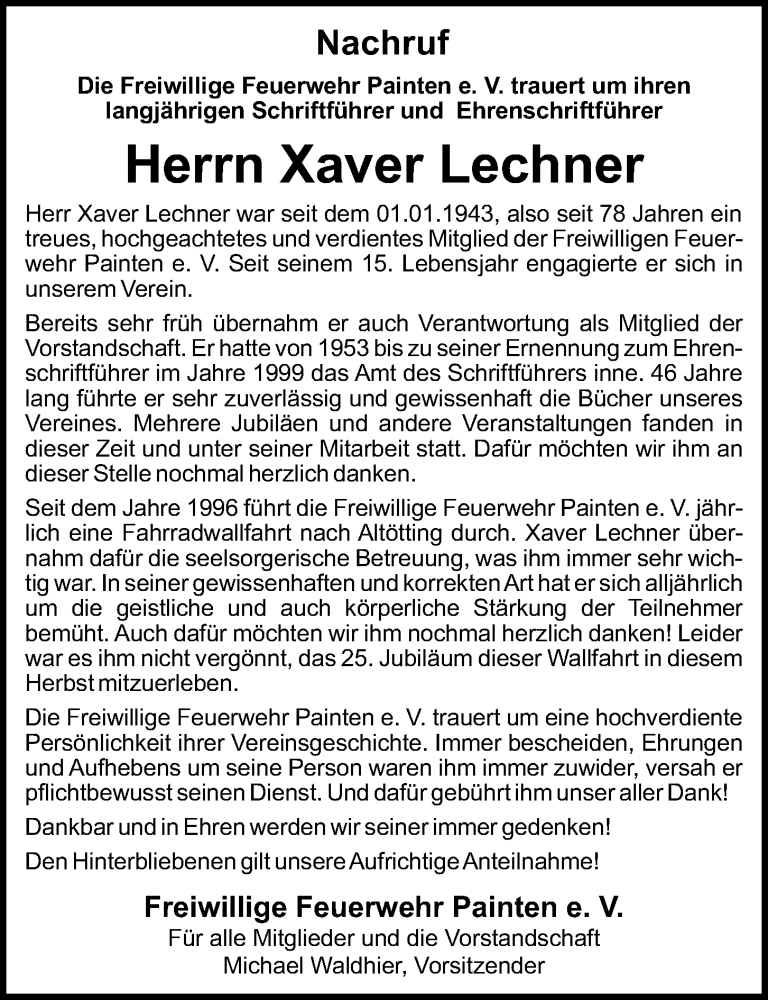  Traueranzeige für Xaver Lechner vom 27.02.2021 aus Mittelbayerische Zeitung Kelheim