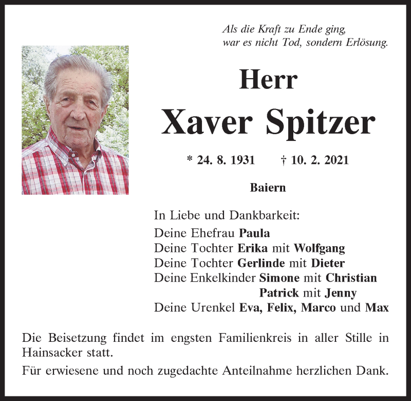  Traueranzeige für Xaver Spitzer vom 13.02.2021 aus Mittelbayerische Zeitung Regensburg