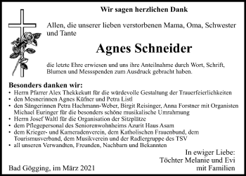 Traueranzeige von Agnes Schneider von Mittelbayerische Zeitung Kelheim