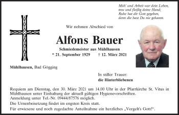 Traueranzeigen von Alfons Bauer | Mittelbayerische Trauer