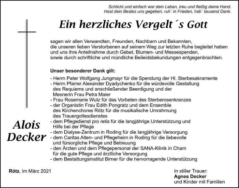  Traueranzeige für Alois Decker vom 10.03.2021 aus Bayerwald Echo