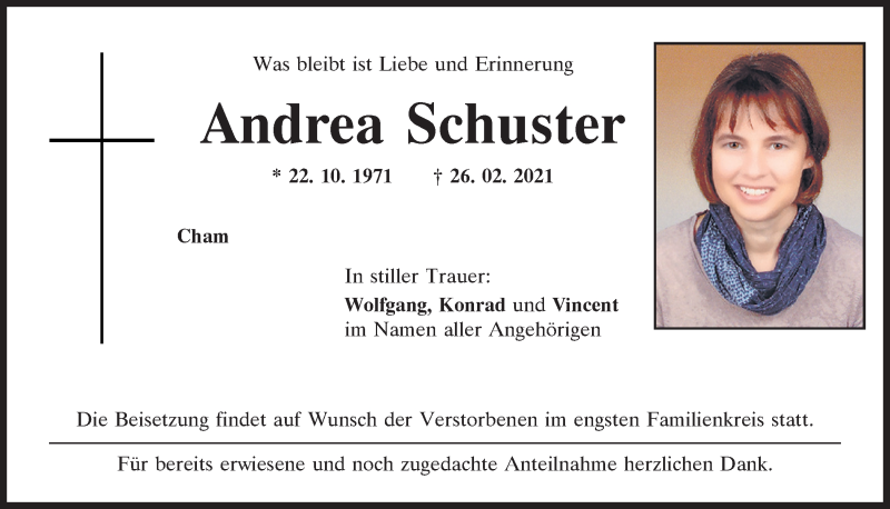  Traueranzeige für Andrea Schuster vom 13.03.2021 aus Bayerwald Echo