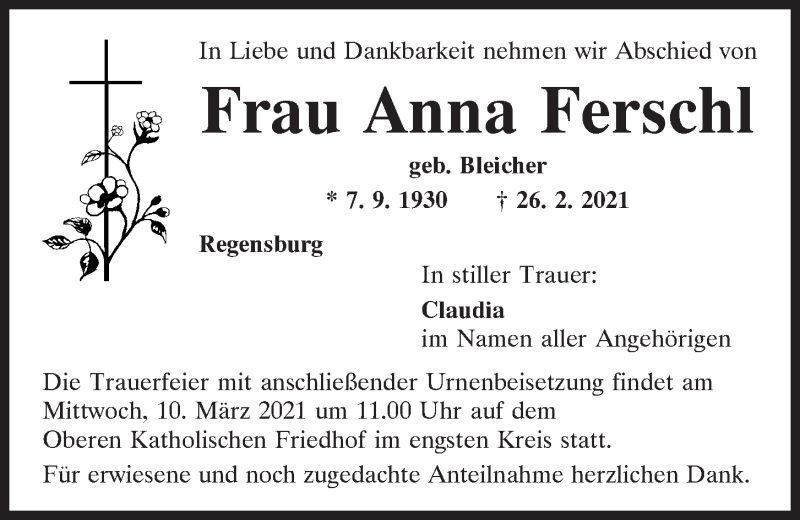  Traueranzeige für Anna Ferschl vom 06.03.2021 aus Mittelbayerische Zeitung Regensburg