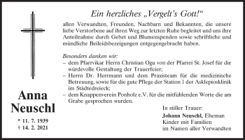 Traueranzeige von Anna Neuschl von Mittelbayerische Zeitung Schwandorf