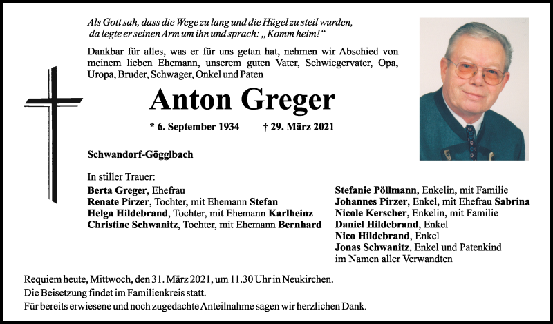  Traueranzeige für Anton Greger vom 31.03.2021 aus Mittelbayerische Zeitung Schwandorf