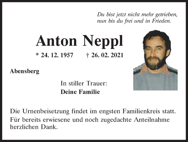  Traueranzeige für Anton Neppl vom 03.03.2021 aus Mittelbayerische Zeitung Kelheim