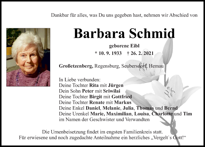  Traueranzeige für Barbara Schmid vom 03.03.2021 aus Mittelbayerische Zeitung Regensburg