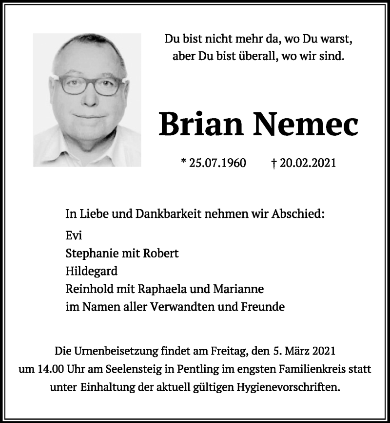  Traueranzeige für Brian Nemec vom 03.03.2021 aus Mittelbayerische Zeitung Regensburg