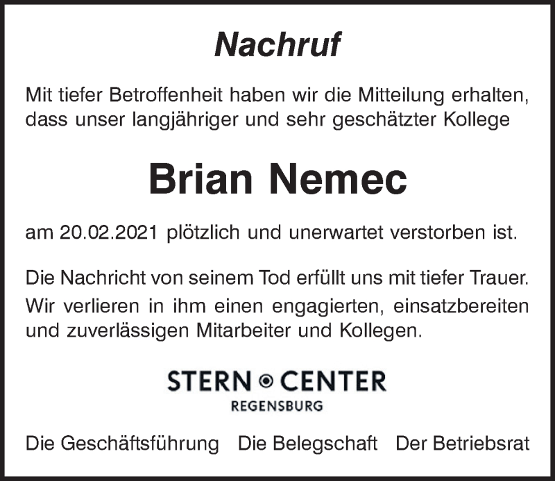  Traueranzeige für Brian Nemec vom 03.03.2021 aus Mittelbayerische Zeitung Regensburg