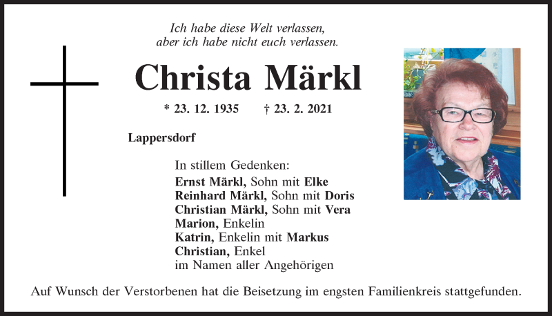  Traueranzeige für Christa Märkl vom 06.03.2021 aus Mittelbayerische Zeitung Regensburg