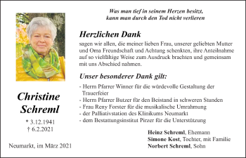 Traueranzeige von Christine Schreml von Neumarkter Tagblatt
