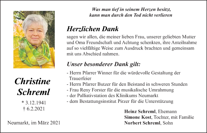  Traueranzeige für Christine Schreml vom 06.03.2021 aus Neumarkter Tagblatt