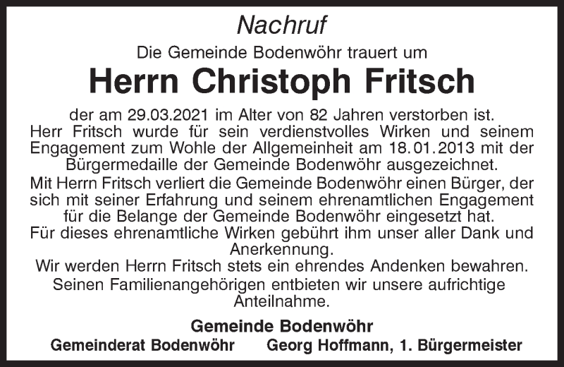  Traueranzeige für Christoph Fritsch vom 31.03.2021 aus Mittelbayerische Zeitung Schwandorf