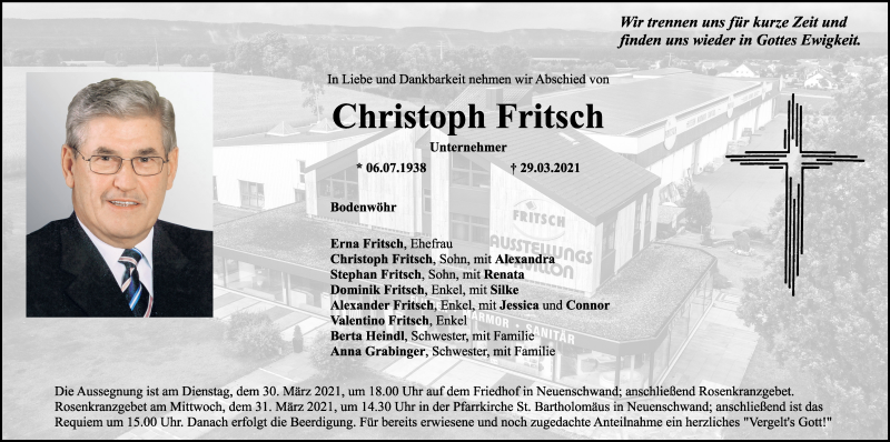  Traueranzeige für Christoph Fritsch vom 30.03.2021 aus Mittelbayerische Zeitung Gesamtausgabe