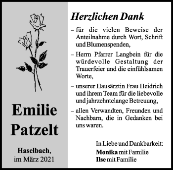 Traueranzeige von Emilie Patzelt von Mittelbayerische Zeitung Schwandorf