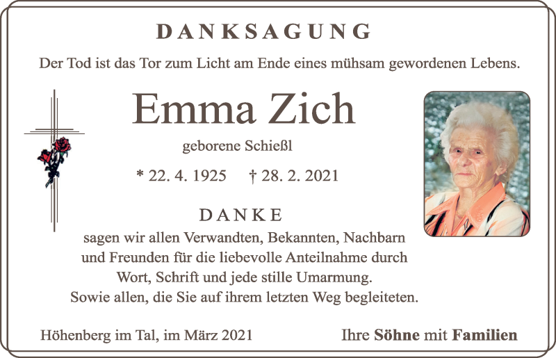 Traueranzeige für Emma Zich vom 27.03.2021 aus Neumarkter Tagblatt