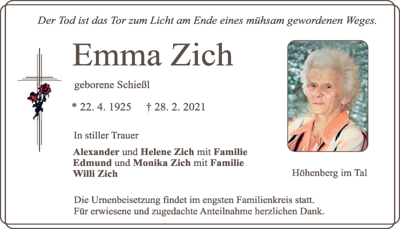  Traueranzeige für Emma Zich vom 06.03.2021 aus Neumarkter Tagblatt