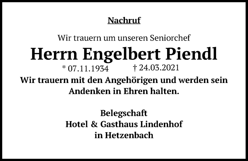  Traueranzeige für Engelbert Piendl vom 01.04.2021 aus Bayerwald Echo