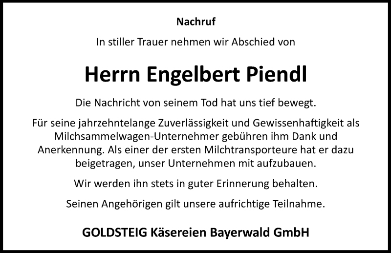  Traueranzeige für Engelbert Piendl vom 31.03.2021 aus Bayerwald Echo