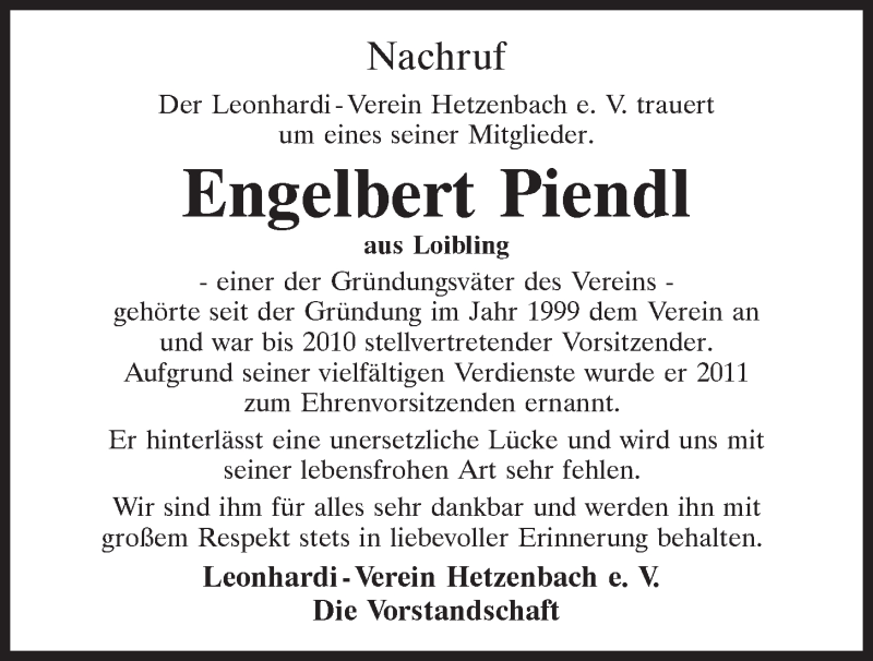  Traueranzeige für Engelbert Piendl vom 29.03.2021 aus Bayerwald Echo