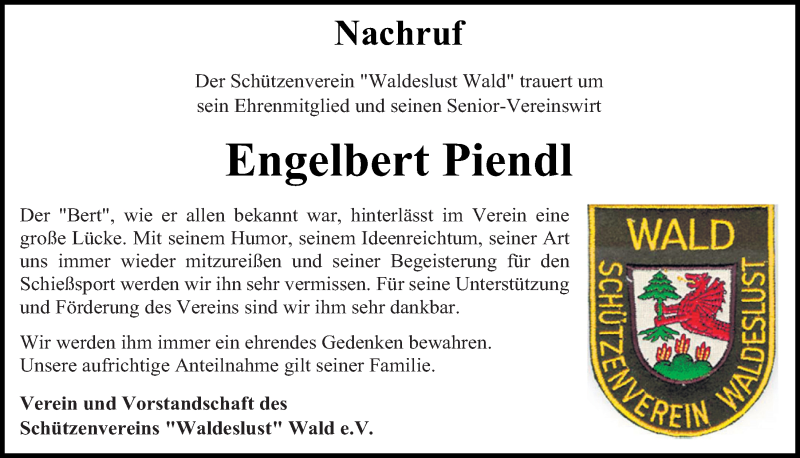  Traueranzeige für Engelbert Piendl vom 27.03.2021 aus Bayerwald Echo
