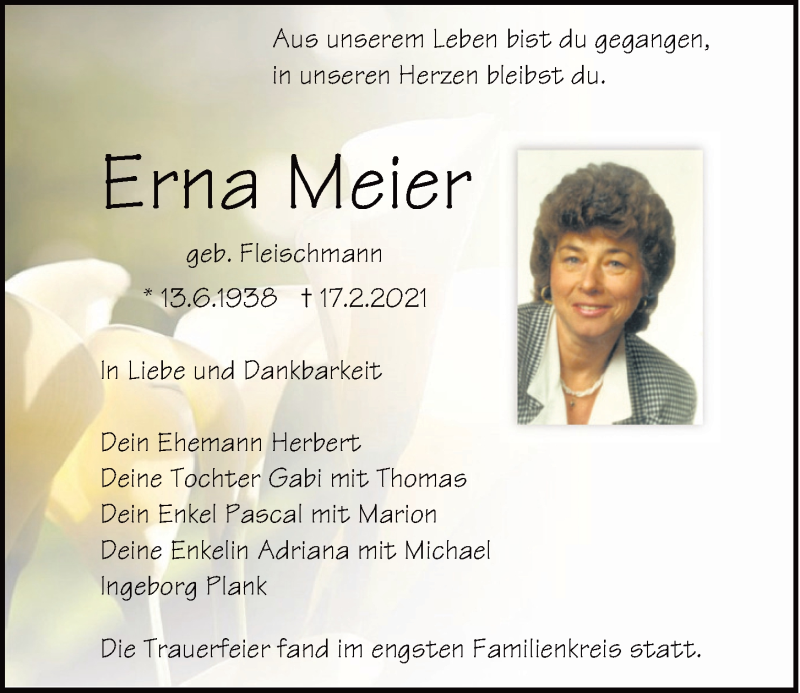  Traueranzeige für Erna Meier vom 06.03.2021 aus Mittelbayerische Zeitung Regensburg