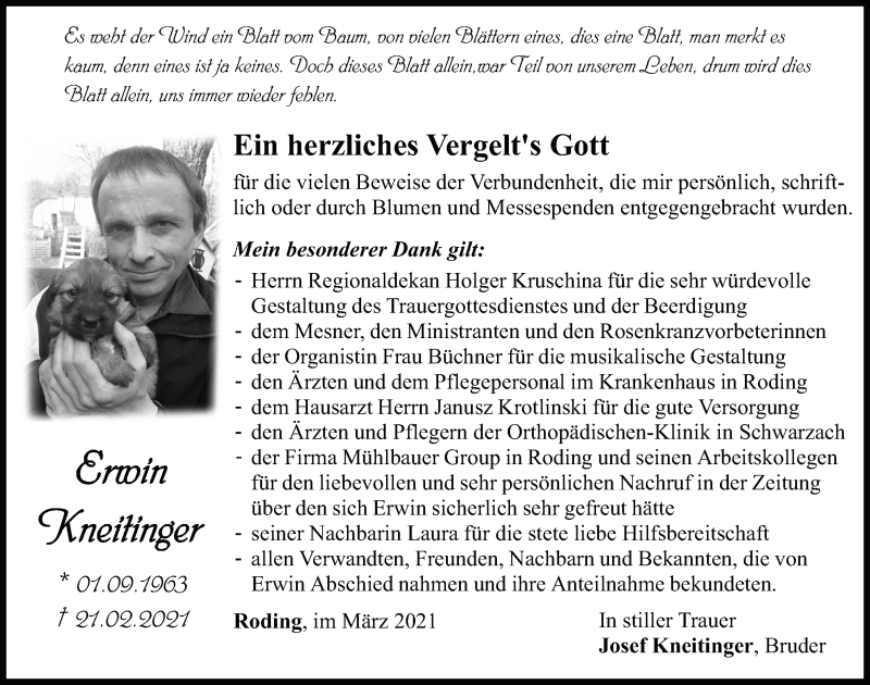  Traueranzeige für Erwin Kneitinger vom 13.03.2021 aus Bayerwald Echo
