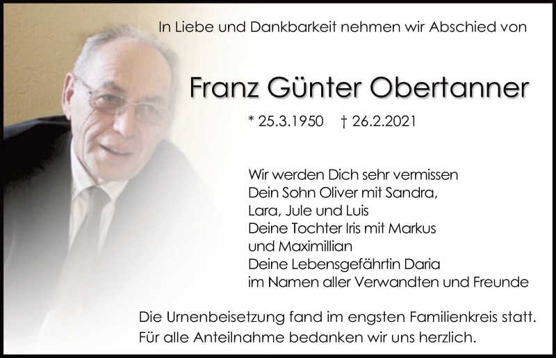  Traueranzeige für Franz Günter Obertanner vom 06.03.2021 aus Mittelbayerische Zeitung Regensburg