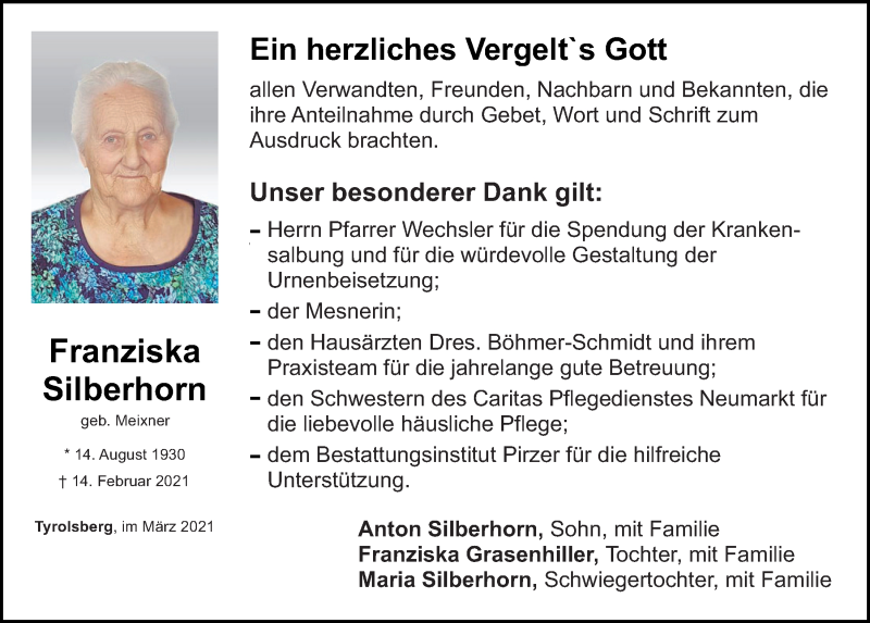  Traueranzeige für Franziska Silberhorn vom 27.03.2021 aus Neumarkter Tagblatt