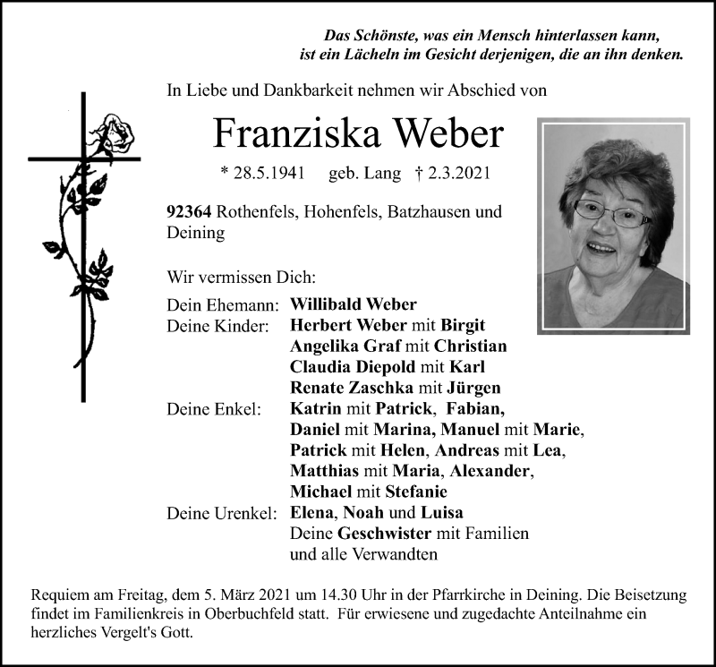  Traueranzeige für Franziska Weber vom 03.03.2021 aus Neumarkter Tagblatt