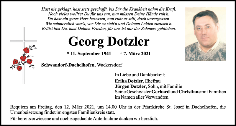  Traueranzeige für Georg Dotzler vom 09.03.2021 aus Mittelbayerische Zeitung Schwandorf