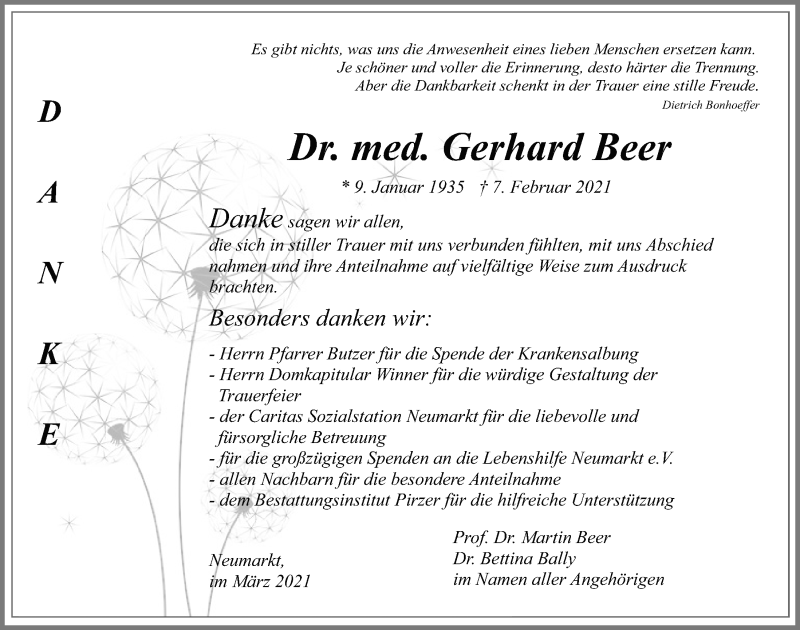  Traueranzeige für Gerhard Beer vom 20.03.2021 aus Neumarkter Tagblatt