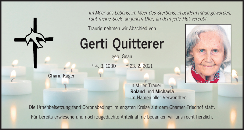  Traueranzeige für Gerti Quitterer vom 09.03.2021 aus Bayerwald Echo