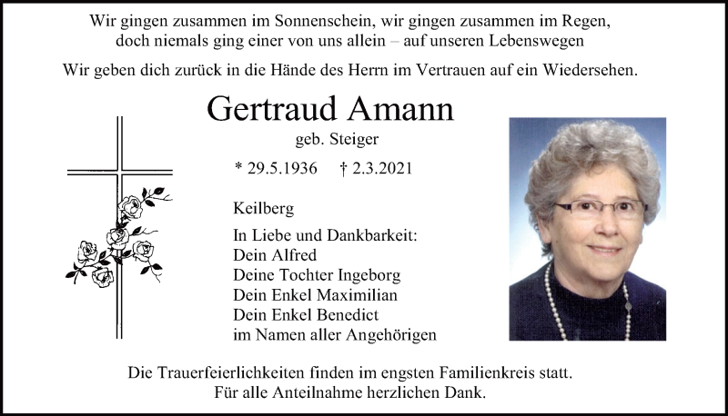  Traueranzeige für Gertraud Amann vom 06.03.2021 aus Mittelbayerische Zeitung Regensburg