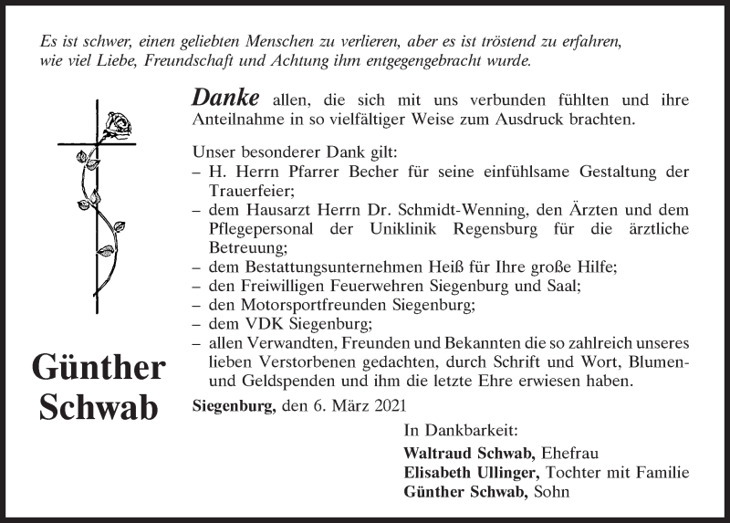  Traueranzeige für Günther Schwab vom 06.03.2021 aus Mittelbayerische Zeitung Kelheim