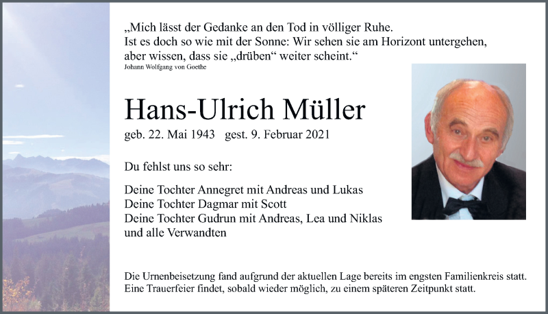  Traueranzeige für Hans-Ulrich Müller vom 09.03.2021 aus Neumarkter Tagblatt