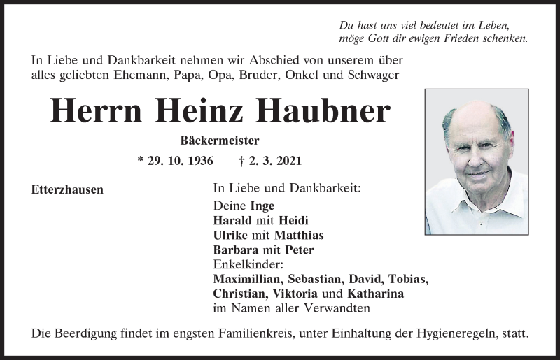  Traueranzeige für Heinz Haubner vom 06.03.2021 aus Mittelbayerische Zeitung Regensburg