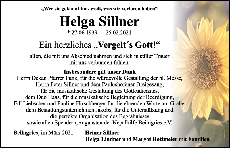  Traueranzeige für Helga Sillner vom 20.03.2021 aus Neumarkter Tagblatt