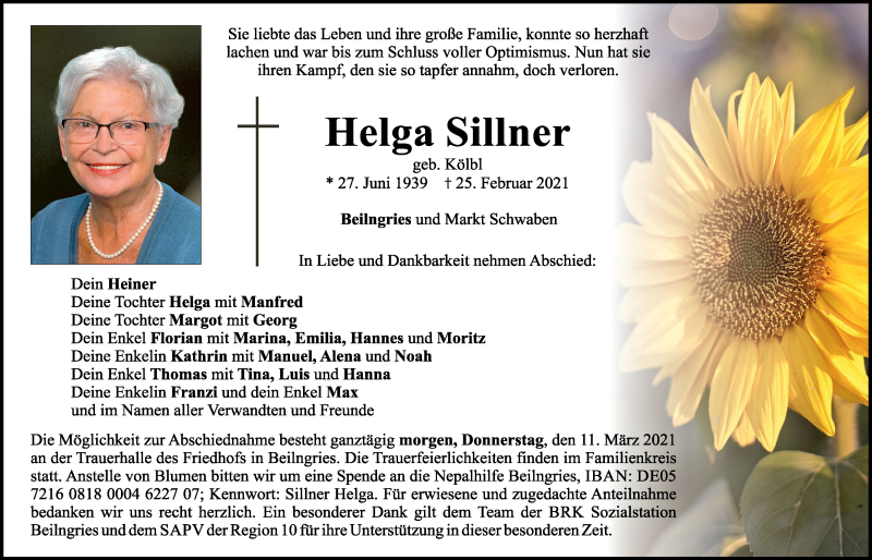  Traueranzeige für Helga Sillner vom 09.03.2021 aus Neumarkter Tagblatt
