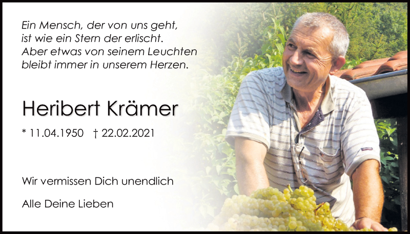  Traueranzeige für Heribert Krämer vom 06.03.2021 aus Mittelbayerische Zeitung Regensburg