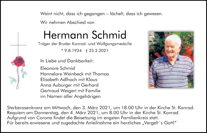  Traueranzeige für Hermann Schmid vom 03.03.2021 aus Mittelbayerische Zeitung Regensburg