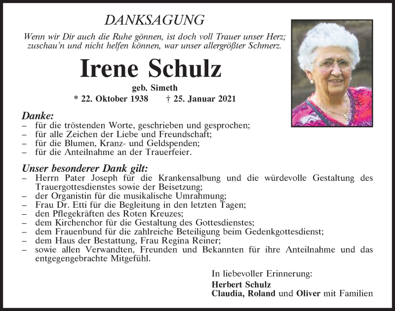  Traueranzeige für Irene Schulz vom 06.03.2021 aus Bayerwald Echo