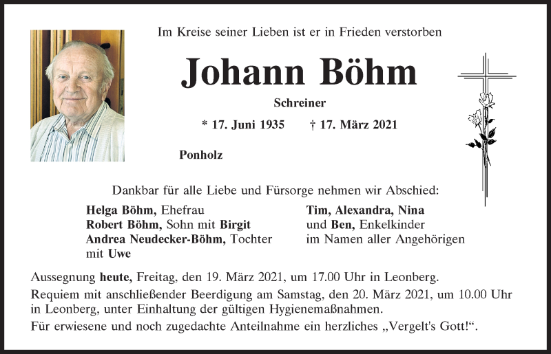  Traueranzeige für Johann Böhm vom 19.03.2021 aus Mittelbayerische Zeitung Regensburg