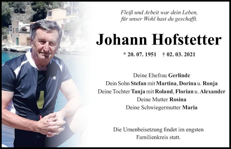  Traueranzeige für Johann Hofstetter vom 09.03.2021 aus Mittelbayerische Zeitung Regensburg
