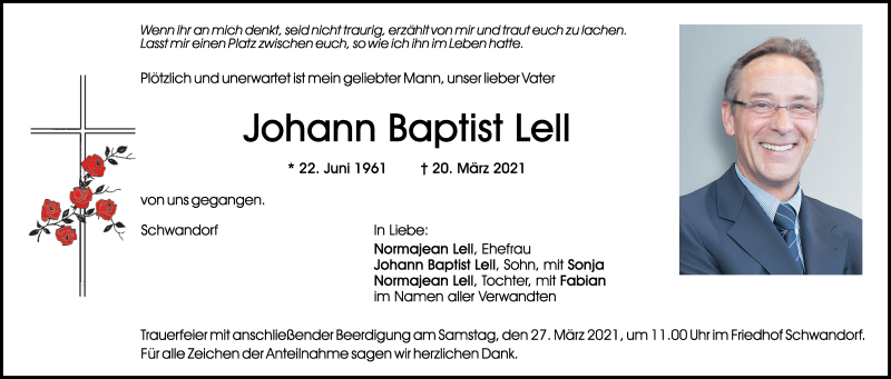  Traueranzeige für Johann Baptist Lell vom 25.03.2021 aus Mittelbayerische Zeitung Schwandorf