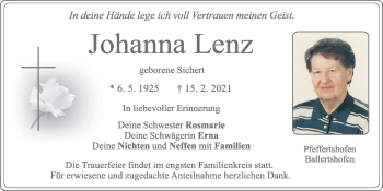 Traueranzeige von Johanna Lenz von Neumarkter Tagblatt