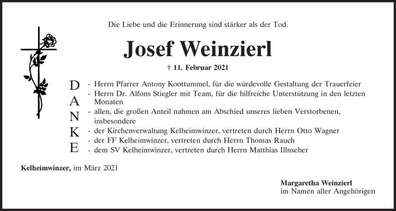 Traueranzeige für Josef Weinzierl vom 06.03.2021 aus Mittelbayerische Zeitung Kelheim
